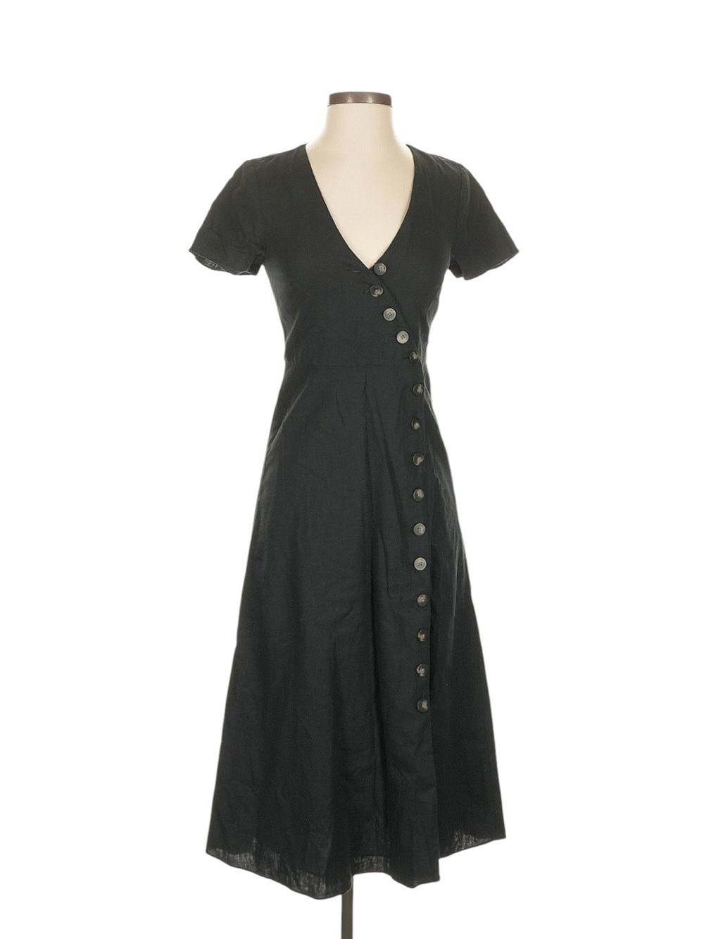 Madewell Classic Black Linen Button-Front V-Neck Midi Dress